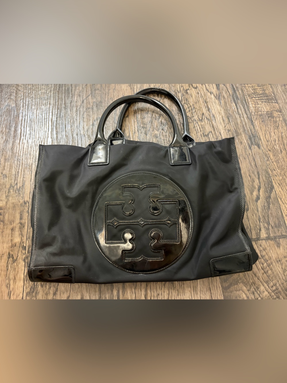 Tory Burch Black Nylon Tote with Glossy Logo